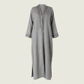 IBRA Maison grey wool blend maxi coat with belt detail, notched lapel, and embroidered trim.