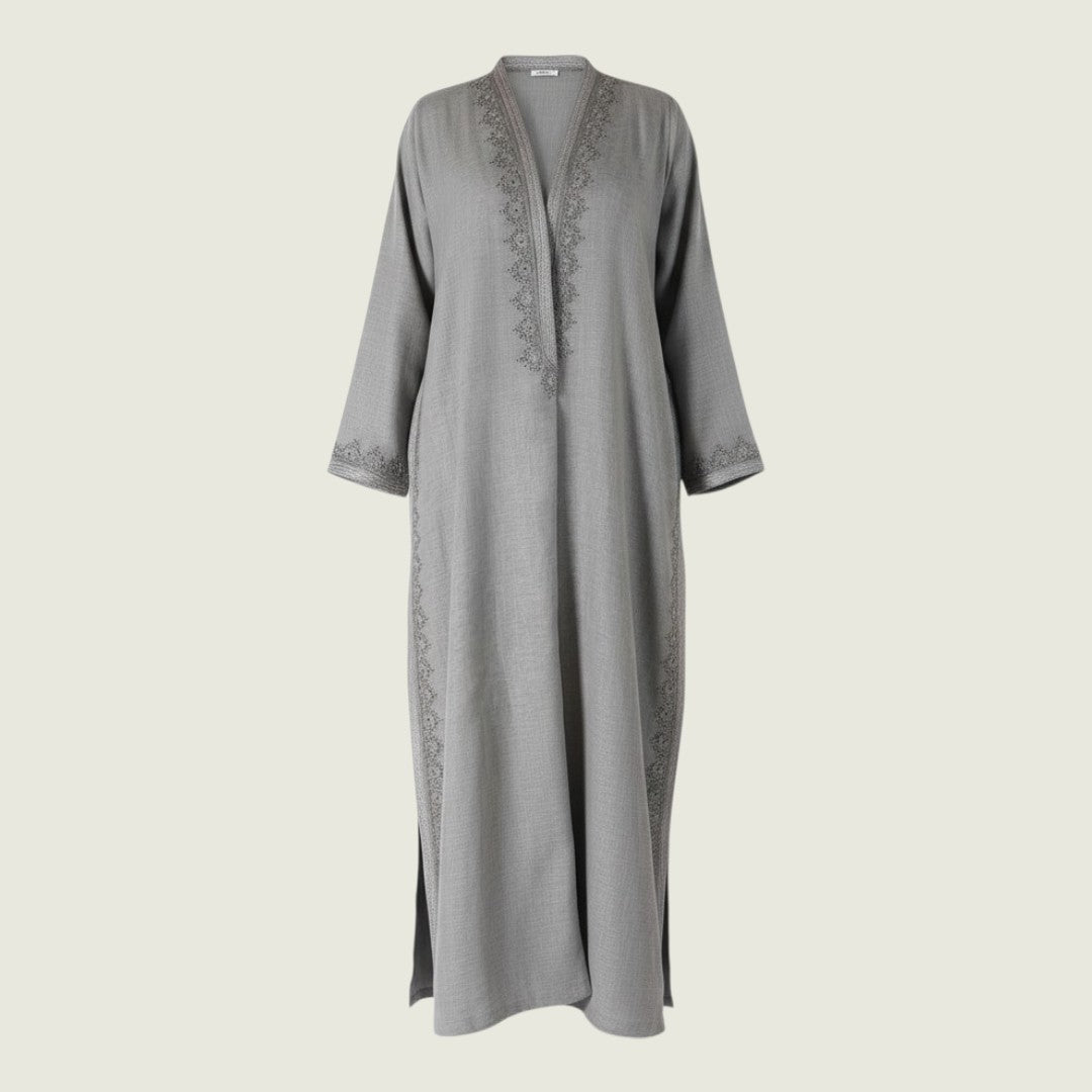IBRA Maison grey wool blend maxi coat with belt detail, notched lapel, and embroidered trim.